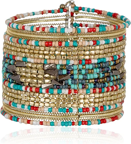 Vista 9 de SPUNKYsoul Boho Cuff Bracelets, Women Adjustable Stackable Beaded Accessory Cubo negro y dorado "Blake
