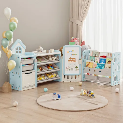 Vista 11 de Organizador de Almacenamiento de Juguetes para Niños con 10 Cubos Extraíbles, Organizadores de Juguetes Plegables y Almacenamiento con Estantería