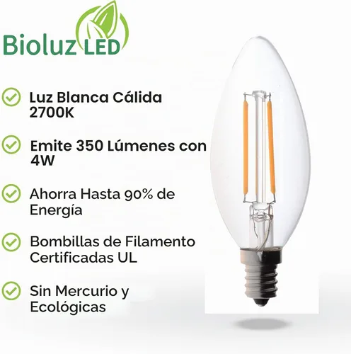 Vista 6 de Bioluz LED Bombilla de candelabro de filamento de 4 W, base E12, bombillas LED de alta eficiencia, certificación UL, paquete de 6