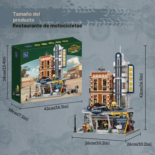 Vista 7 de PANTASY Conjunto de Construcción de Restaurante y Bar de Motocicleta Retro - Kit de Arquitectura Modular de Esquina de Calle con Puertas