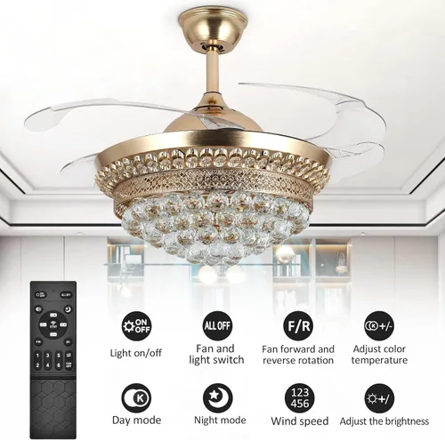 Vista 6 de Lámpara de techo invisible de 42 pulgadas con luz, ventilador de techo de cristal moderno, control remoto, 4 aspas retráctiles de ABS para Dorado