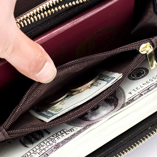 Vista 6 de Cartera de cuero para mujer con bloqueo RFID, bolsillo para teléfono inteligente con doble cremallera,Ranuras para efectivo de gran capacidad
