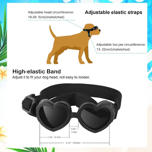 Vista 3 de Gafas de sol para perros de raza pequeña, protección UV con correa ajustable, gafas en forma de corazón para impermeables, resistentes al viento