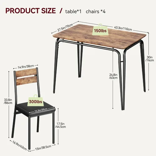 Vista 8 de Juego de mesa de comedor para cocina y comedor de 4 a 5 piezas con mesa rectangular moderna de madera, sillas tapizadas, para desayuno, oficina