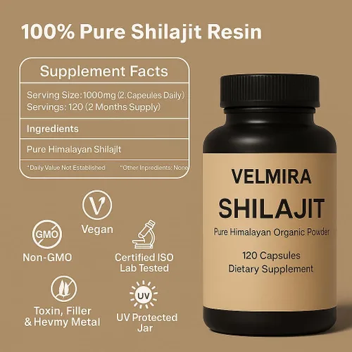 Vista 4 de Velmira. Shilajit Cápsulas de resina pura del Himalaya. 1000 mg, verificado en laboratorio, naturales para hombres y mujeres, más de 85 minerales