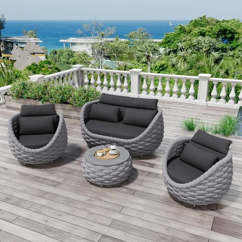 Vista 18 de Juego de muebles de patio de aluminio de 3 piezas: cuerda tejida a mano para conversación al aire libre, juego de 2 cojines modernos montados, juego