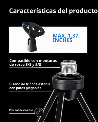 Vista 2 de SUUNTOK Soporte de micrófono de escritorio con soporte de clip para micrófono, trípode plegable con pies antideslizantes, soporte de micrófono