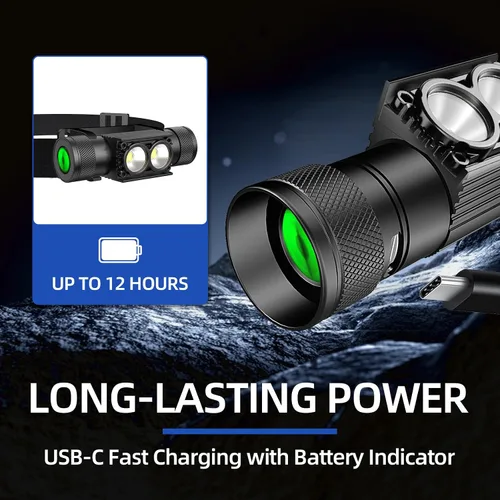 Vista 4 de Linterna frontal recargable de 2600 mAh, linterna LED de frente de 1000 lúmenes, ligera, resistente, IPX4 impermeable para camping, correr, trabajo