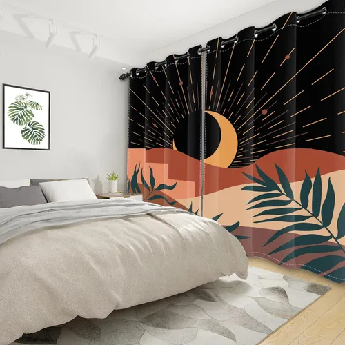 Vista 3 de Cortinas abstractas bohemias para ventana, estética de mediados de siglo, hojas de luna de montaña, para oscurecer la habitación, cortina con ojales
