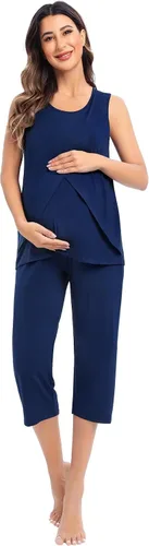 Vista 4 de SWOMOG Conjunto de pijama de maternidad para mujer, pijama de lactancia de doble capa, sin mangas, parte superior capri, conjunto de embarazo