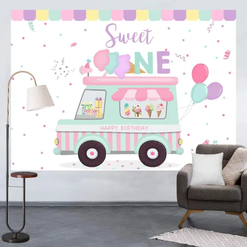 Vista 4 de Lofaris Telón de fondo para tienda de helados con texto en inglés «Happy Birthday» Sweet One Summer Baby Girls Party Photography Background 1st