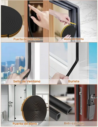 Vista 4 de Burlete de sellado de puerta de 32.8 pies, autoadhesivo, insonorizado en forma de D, para marco de puerta, ventana, negro, 3/8 pulgadas de ancho x