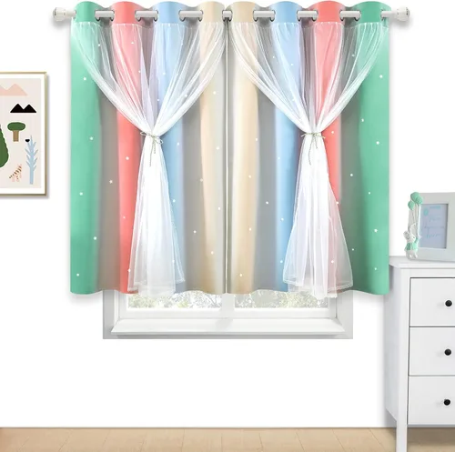 Vista 2 de Cortinas Opacas con Corte de Estrella Arcoíris para Dormitorio de Niñas - Doble Capa con Ojales Superiores para Sala de Estar, 2 Paneles