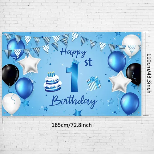 Vista 2 de Cartel de fondo de feliz primer cumpleaños azul para recién nacidos, fondo de fotografía para primer cumpleaños, suministros de decoración de fiesta