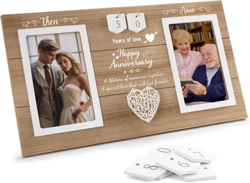 Vista 15 de Then & Now Regalos de Aniversario de Boda para Parejas, Marco de Fotos de Aniversario de 1-99 Años, Marco de Fotos de Bridal Shower que Contiene 2