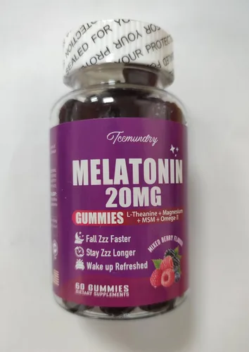 Vista 2 de Gomitas de melatonina de 20 mg para adultos, gomitas de melatonina de máxima fuerza con L-teanina, omega-3, D3 y zinc, sin hábito, veganas, sin OMG