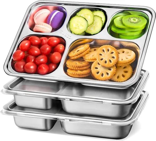 Vista 7 de Recipientes de acero inoxidable con tapas de plástico, 3 unidades, cajas Bento de 3 compartimentos, grandes y reutilizables para preparar comidas