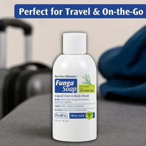 Vista 2 de Pedifix FungaSoap® Jabón de aceite de árbol de té para pies y cuerpo – 2 oz (Tamaño de viaje) – Botella pequeña para cuidado de piel con picazón