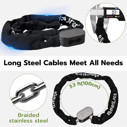 Vista 5 de Candado de cadena para bicicleta, 3.3 pies de largo, 0.315 in de largo, cadena de acero con llave de huellas dactilares Bluetooth, control