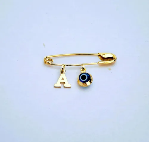 Vista 7 de 14k. Yellow Gold Baby Safety Pin Evil Eye & Initial Charms/Christening/Baptism/NOT Gold Filled NOT Gold Plated