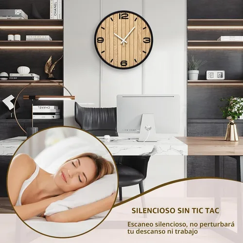 Vista 3 de Reloj de pared redondo de 12 pulgadas, funciona con pilas, de madera, analógico, sin tictac, de cuarzo, para apartamento, sala de estar, dormitorio