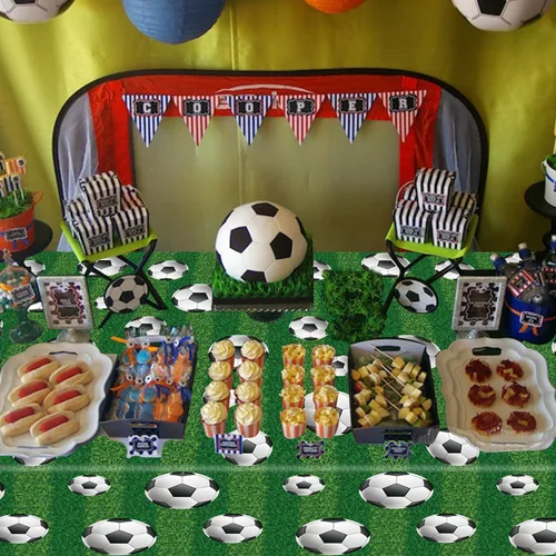 Vista 8 de Paquete de 4 manteles para fiesta de fútbol, manteles deportivos rectangulares de plástico, fundas de mesa para fiestas temáticas deportivas