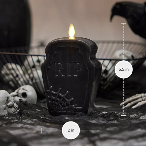 Vista 6 de Luminara Vela sin llama negra con diseño de lápida antidesgarros, (2 x 5.5 pulgadas), llama móvil, funciona con pilas, luces LED para decoración