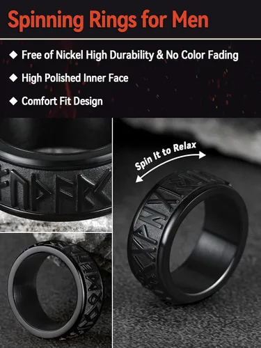 Vista 5 de FaithHeart Anillo giratorio nórdico vikingo con runas de acero inoxidable chapado en oro para hombres y mujeres, puede grabar personalizado
