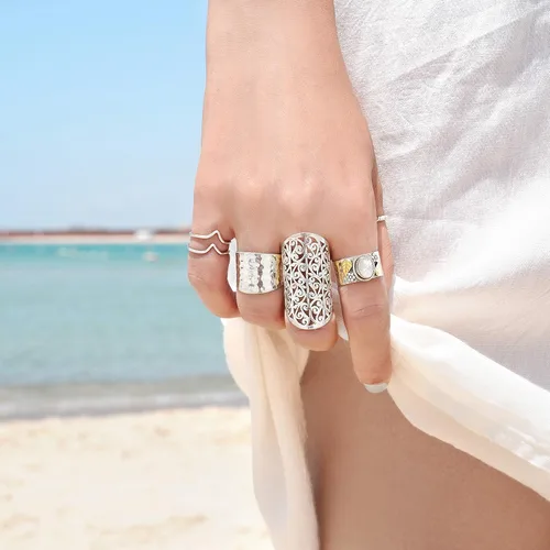 Vista 5 de Boho-Magic Anillo de plata de ley para mujer, banda ancha grande, dedo completo