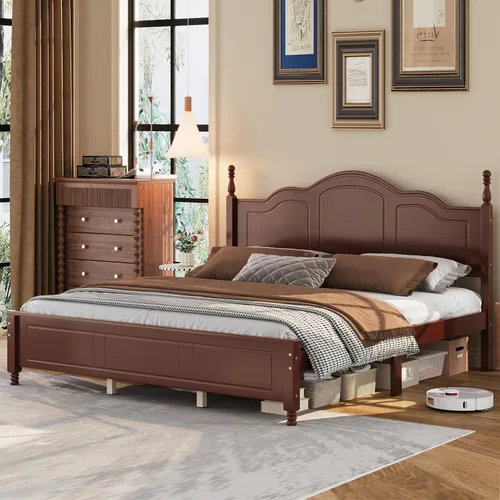 Vista 10 de Marco de cama de madera de pino de estilo retro con cabecero, no necesita caja de resortes, nogal oscuro Retro Style,Wood Bed Frame,No Spring Box