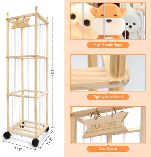 Vista 4 de YunSheCSBS Organizador de Almacenamiento de Animales de Peluche, Organizador Grande de Madera para Animales de Peluche con Ruedas, Soporte
