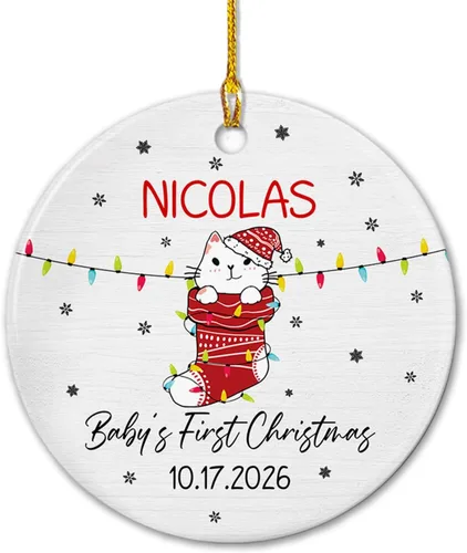 Vista 9 de Adornos de cerámica personalizados con texto en inglés «My First Christmas», bonito adorno de Navidad de gato para bebés, niños, primer recuerdo