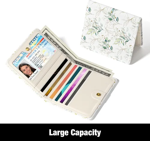 Vista 3 de Rouidr Billetera para mujer, cartera pequeña y delgada con RFID para mujer, bonito bolsillo de cuero plegable para tarjetas de crédito, mini Hoja