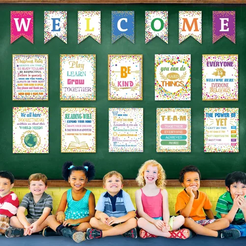 Vista 5 de Pósteres motivacionales de confeti, juego de 17 piezas, letreros de decoración de bienvenida, mentalidad de crecimiento, reglas de aula de escuela