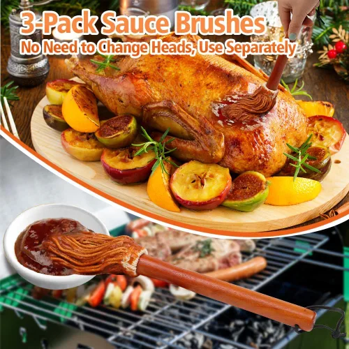 Vista 7 de Salsa de barbacoa de 12 pulgadas para asar o asar a la parrilla, aplicar barbacoa, adobo o glaseado, cabezal de fibra de algodón y mango de madera