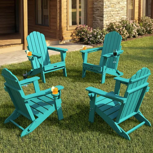 Vista 23 de Silla Adirondack plegable, silla Adirondack de HDPE con 2 soportes para tazas, sillas para fogatas al aire libre de fácil montaje para patio
