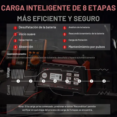 Vista 5 de TowerTop Cargador de batería inteligente de coche de 2/10/25 amperios de 12 V, mantenedor de batería completamente automático con arranque
