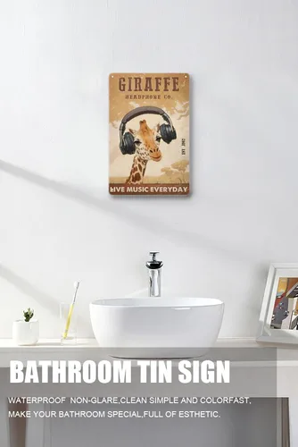 Vista 2 de Giraffe Headphone Co - Póster de música en vivo para todos los días, letrero de metal vintage, divertido póster de jirafa para el hogar, cocina