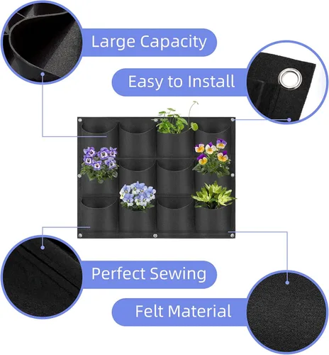 Vista 4 de Bolsas colgantes para macetas con 12 bolsillos, bolsas de cultivo verticales para colgar en la pared, macetas de jardín de hierbas para interiores