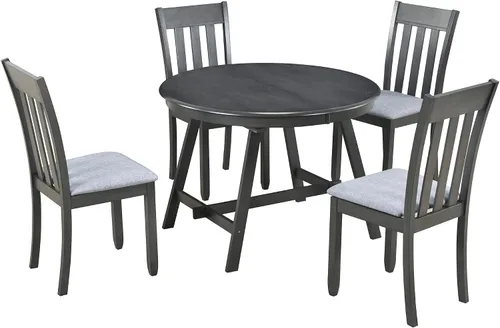 Vista 8 de Juego de mesa de comedor de madera de 5 piezas, mesa de comedor redonda extensible con 4 sillas de comedor, juego de mesa de cocina