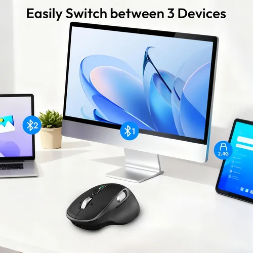 Vista 3 de Ratón inalámbrico recargable Bluetooth con 8 botones programables, negro