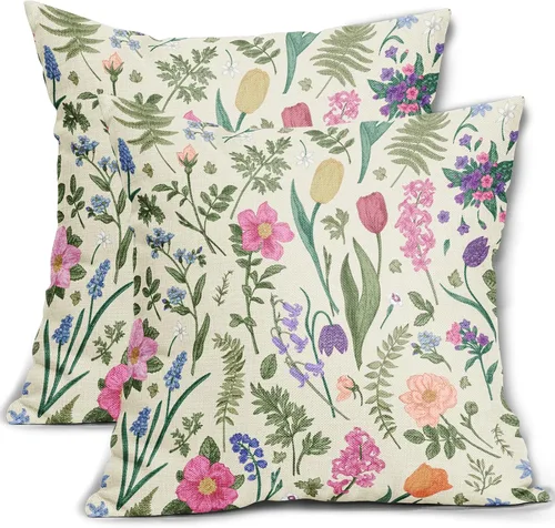 Vista 25 de Juego de 2 fundas de almohada de primavera de 16 x 16 pulgadas, diseño de conejo, flores rosas, hojas verdes salvia, plantas botánicas vintage