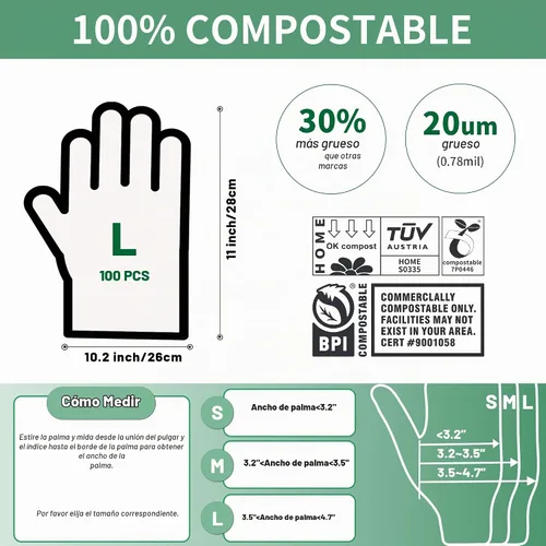 Vista 5 de Guantes desechables compostables de compost Guantes grandes de comida para limpiar cocinar, lavar platos, certificado BPI, 100 unidades, color blanco