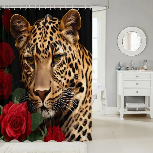 Vista 2 de Cortina de ducha con estampado de leopardo y gato con rosas rojas, 72 pulgadas de ancho x 72 pulgadas de largo, juego de cortina de ducha con flores