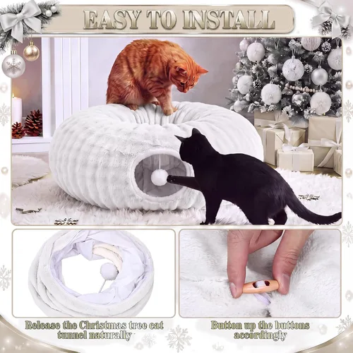Vista 5 de Túnel de árbol de Navidad para gatos de 36 pulgadas, cama de dona, blanco