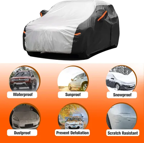 Vista 7 de Funda impermeable para auto al aire libre, para todo tipo de climas, 6 capas de cubierta completa, protección contra lluvia, sol y rayos UV