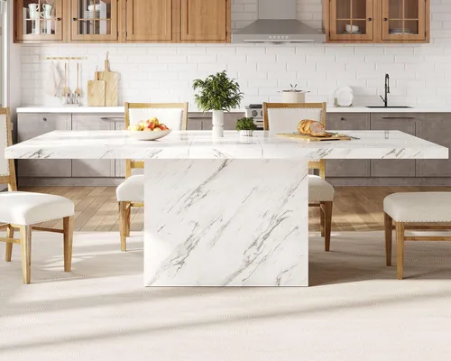 Vista 6 de LVB Mesa de comedor para 6 a 8 personas, mesa de cocina rectangular de mármol sintético blanco de 71 pulgadas, mesa de comedor de madera