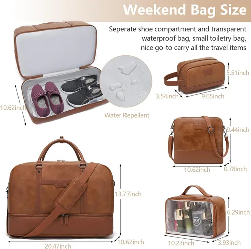 Vista 6 de Wogarl Bolsa de fin de semana para mujeres y hombres, bolsa grande de viaje, Marrón claro, Moda
