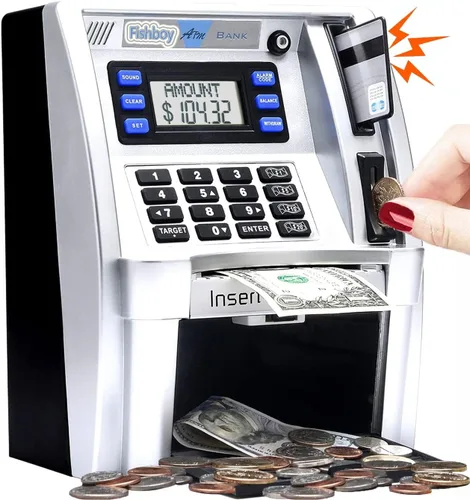 Vista 9 de Fishboy Caja de ahorros parlante estilo cajero automático para niños con dos tarjetas de débito, memoria de apagado, cajón de apertura automática