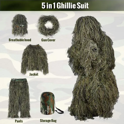 Vista 4 de Slendor Traje Ghillie - Traje Ghillie 5 en 1 para caza, trajes de camuflaje 3D unisex para adultos y jóvenes, S/M/L/XL/XXL